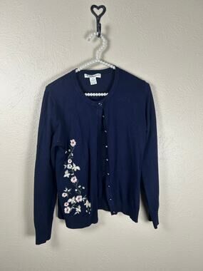 Y2K Melrose Chic Cardigan Sweater Size Medium Navy Embroidered Flowers Preppy